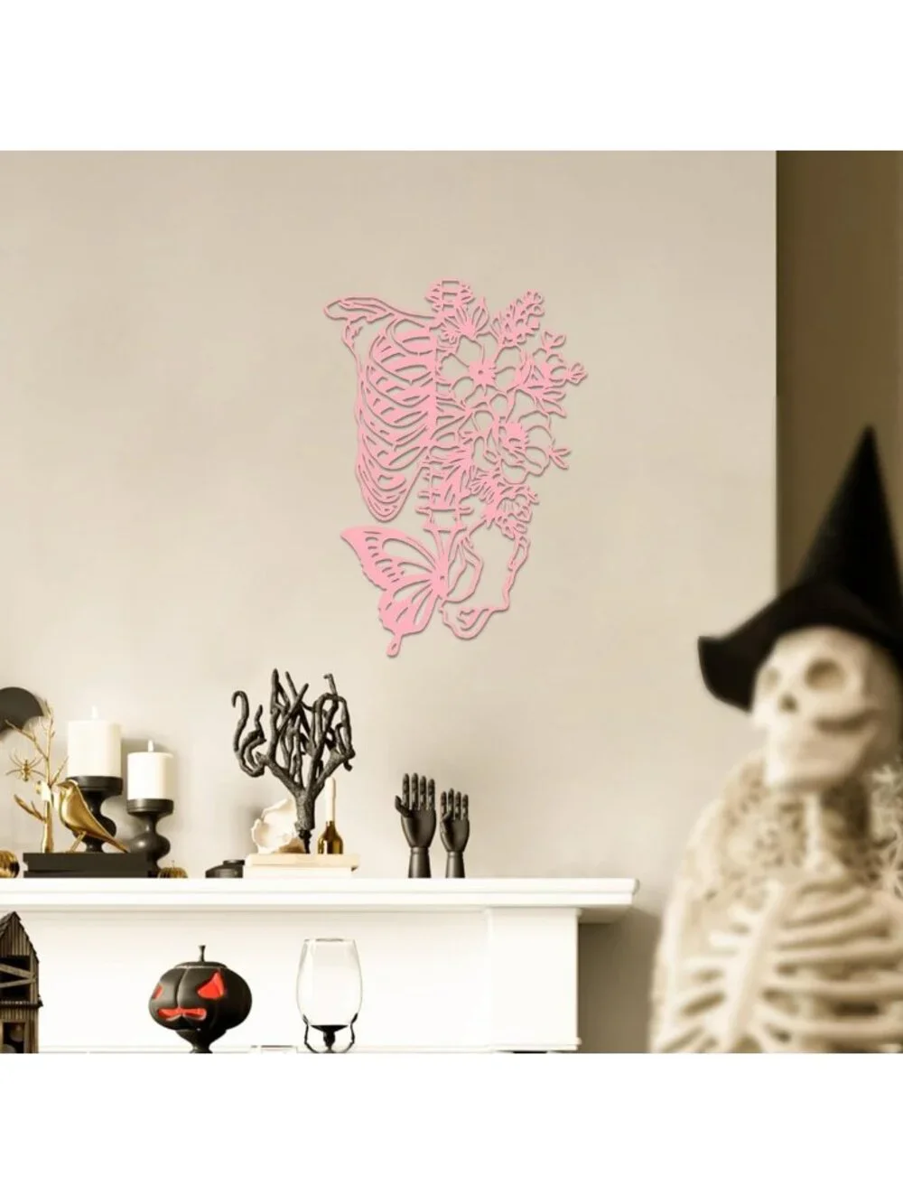 Gothic Skull Wall Art & Metal Butterfly Decor - Eclectic Skeleton Sculpture for